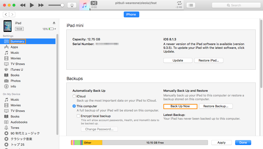 Backup iPad to macOS Sierra by iTunes – Step 1