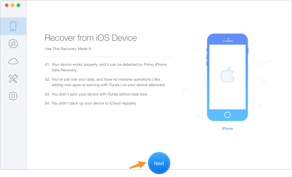 Recover Disappeared iPhone Contacts via Primo iPhone Data Recovery – Step 1