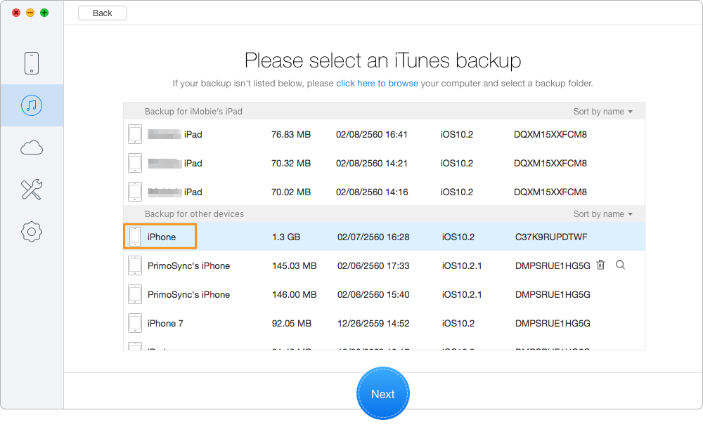 Retrieve Deleted iMessages from iPhone 7/7 Plus with Backup – Step 2