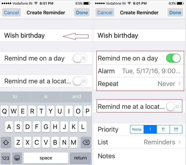 The Screenshots of Reminders on iPhone