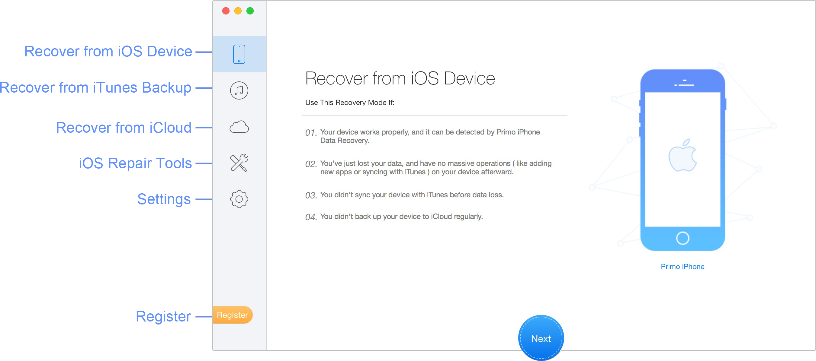 Primo iPhone Data Recovery Main Page