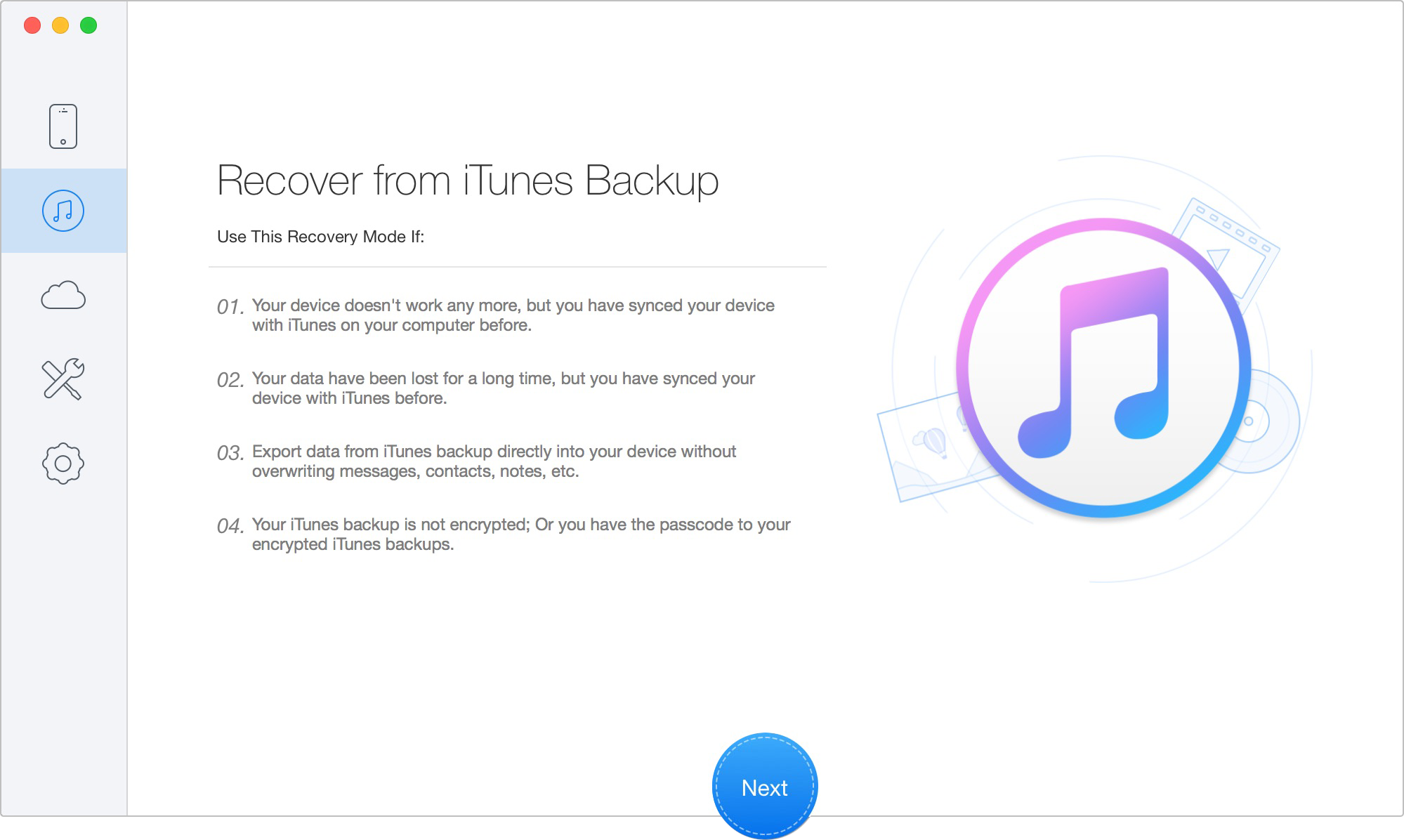 Choose Recover data from iTunes Backup Mode