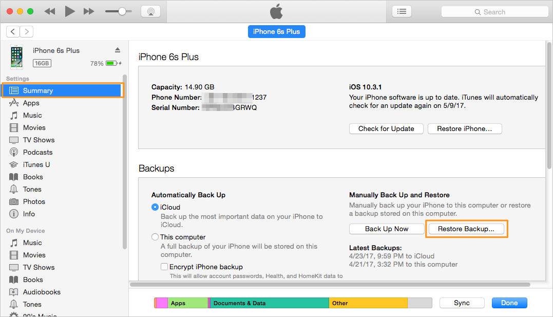 Recover Deleted Messages on iPhone by Restoring iTunes Backup